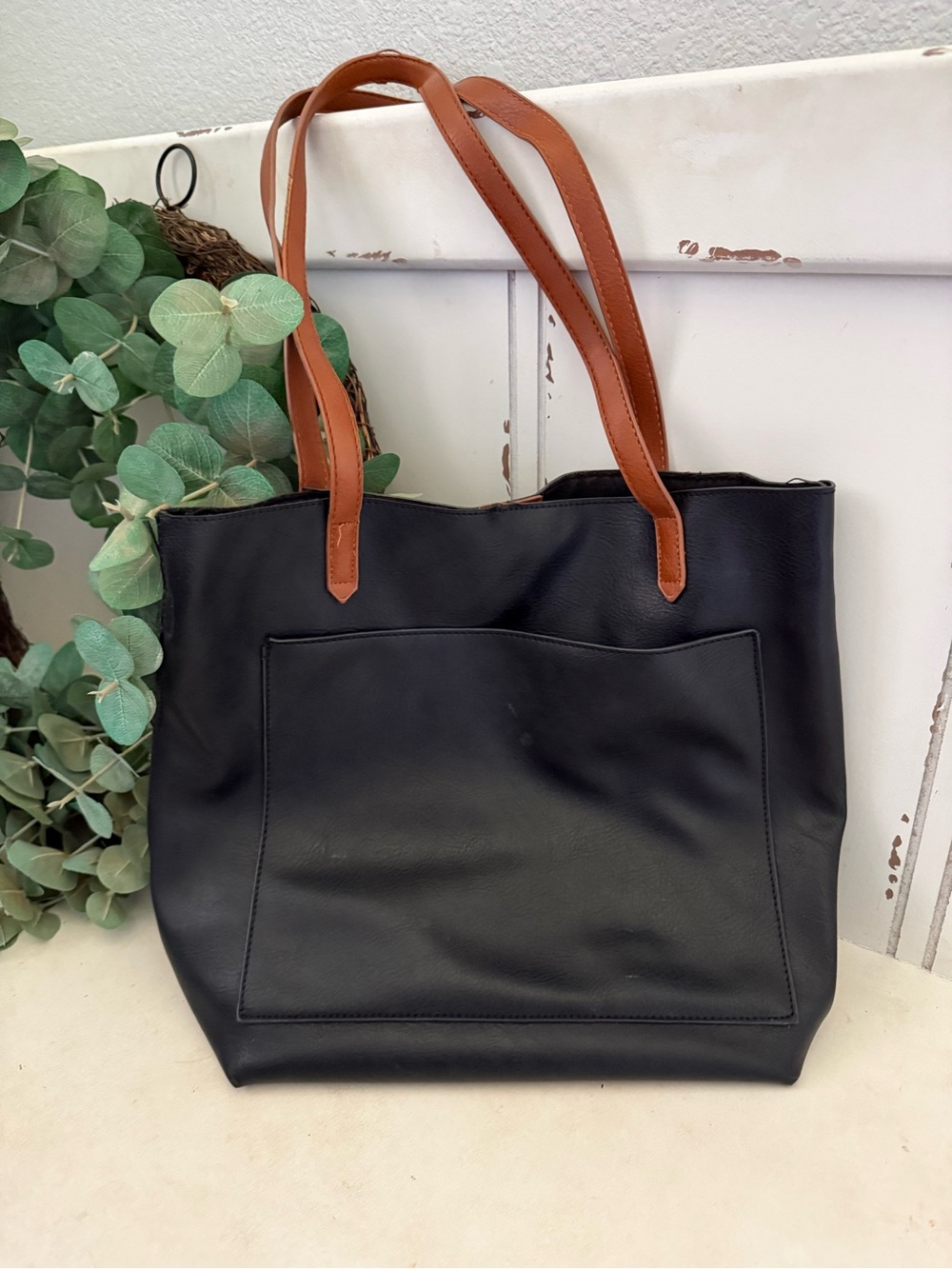 Classic Black Tote with Brown Handles